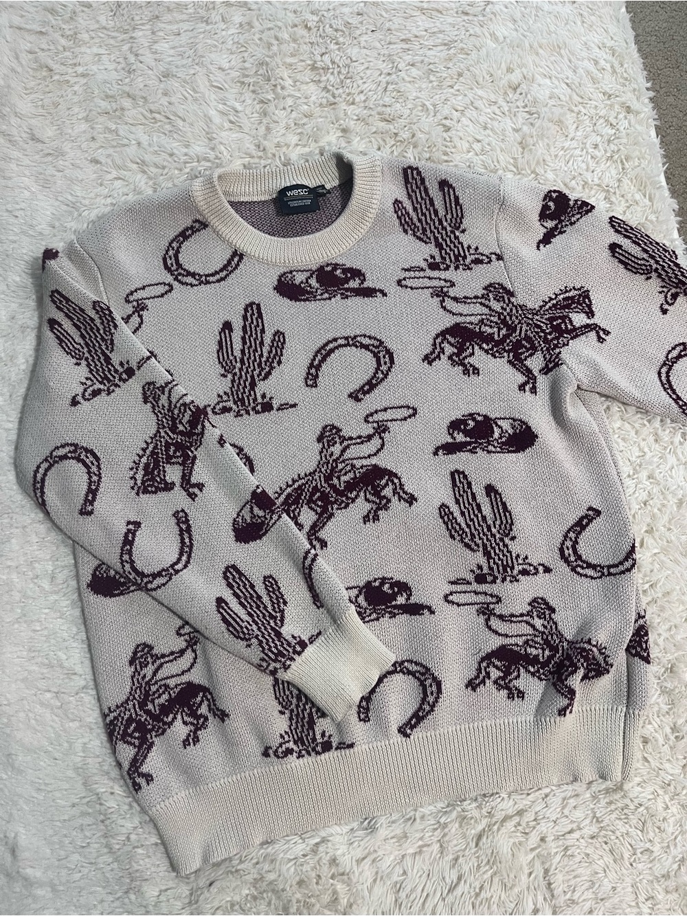 WESC Men's Cream Cowboy Pattern Crewneck Sweater